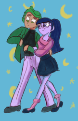 Size: 1688x2602 | Tagged: dead source, safe, artist:pettypop, sci-twi, timber spruce, twilight sparkle, equestria girls, g4, chiba mamoru, clothes, cosplay, costume, duo, female, jacket, male, sailor moon (series), shipping, skirt, straight, sweater, timbertwi, tsukino usagi