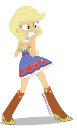 Size: 696x1149 | Tagged: safe, artist:adrikovxander, applejack, equestria girls, g4, my little pony equestria girls, bare shoulders, clothes, covering, dress, fall formal outfits, female, scared, shocked, simple background, sleeveless, solo, strapless, transparent background, vector