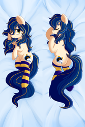 Size: 2000x3000 | Tagged: safe, artist:fannytastical, oc, oc only, oc:snooze button, earth pony, pony, bedsheets, body pillow, body pillow design, butt, clothes, colored, eyebrows, eyebrows visible through hair, eyes closed, female, freckles, high res, lying down, lying on bed, on bed, plot, smiling, socks, solo, striped mane, striped socks, striped tail, tail