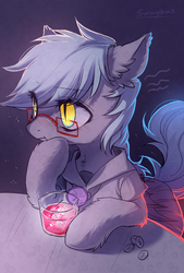 Size: 1181x1748 | Tagged: safe, artist:swaybat, oc, oc only, oc:bar, bat pony, pony, bar, bat pony oc, bits, blushing, chest fluff, clothes, drink, ear fluff, eye clipping through hair, eyebrows, eyebrows visible through hair, female, glasses, hoof on chin, leg fluff, looking to the left, mare, shy, signature, simple background, slit pupils, solo, thoughtful, uniform