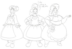 Size: 3267x2227 | Tagged: safe, artist:catstuxedo, sugar belle, human, g4, apron, bbw, chubby, chubby cheeks, clothes, dress, fat, female, high res, horn, horned humanization, humanized, monochrome, smiling, solo, sugar belly, weight gain