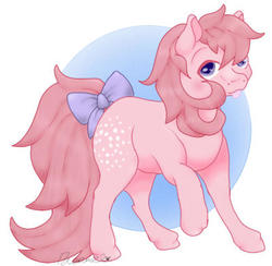 Size: 400x391 | Tagged: safe, artist:dreamilil, cotton candy (g1), pony, g1, :p, abstract background, bow, female, looking at you, mlem, raised hoof, signature, silly, solo, tail, tail bow, tongue out