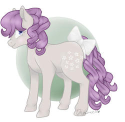 Size: 400x391 | Tagged: safe, artist:dreamilil, blossom, pony, g1, abstract background, bow, cute, female, looking at you, ribbon, signature, solo, tail, tail bow