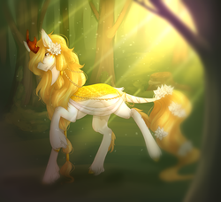 Size: 2496x2276 | Tagged: safe, artist:lastaimin, oc, oc only, kirin, crepuscular rays, female, flower, flower in hair, flower in tail, forest, high res, solo, tree