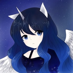 Size: 671x671 | Tagged: dead source, safe, artist:rarity今天画画了吗, princess luna, rarity, human, g4, alicorn humanization, clothes, dress, female, horn, horned humanization, humanized, pony ears, solo, winged humanization, wings