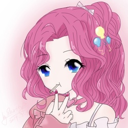 Size: 679x679 | Tagged: dead source, safe, artist:rarity今天画画了吗, pinkie pie, human, g4, candy, female, food, humanized, lollipop, looking at you, nail polish, peace sign, solo