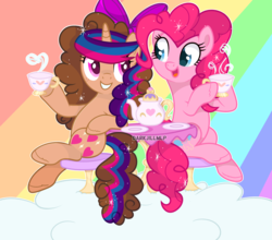 Size: 4068x3582 | Tagged: safe, artist:darkjillmlp123, pinkie pie, oc, oc:sweet hearts, earth pony, pony, unicorn, g4, bow, cloud, cup, duo, female, hair bow, looking at each other, looking at someone, mare, rainbow background, sitting, sitting at table, smiling, smiling at each other, sparkly mane, sparkly tail, table, tail, teacup, teapot