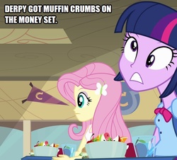 Size: 552x500 | Tagged: safe, edit, edited screencap, screencap, derpy hooves, fluttershy, twilight sparkle, equestria girls, g4, my little pony equestria girls, caption, derp, food, image macro, text