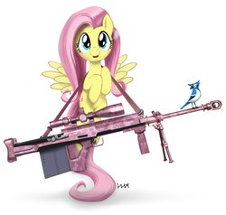 Size: 2000x1900 | Tagged: safe, artist:vombavr, fluttershy, bird, blue jay, pegasus, pony, g4, .50 bmg, anti-materiel rifle, cute, female, gepard gm6, gun, happy, hooves to the chest, looking at you, mare, rifle, scope, shyabetes, simple background, smiling, sniper rifle, snipershy, solo, spread wings, weapon, white background, wings