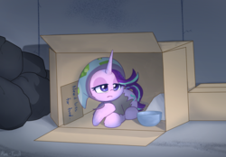 Size: 1889x1316 | Tagged: safe, artist:puetsua, starlight glimmer, pony, unicorn, g4, blanket, cardboard box, clothes, depressing, female, headscarf, homeless, mare, poor, poverty, sad, scarf, solo, trash