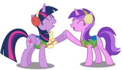 Size: 9100x5200 | Tagged: safe, artist:mundschenk85, artist:parclytaxel, artist:yanoda, amethyst star, sparkler, twilight sparkle, alicorn, pony, unicorn, g4, ^^, absurd resolution, clothes, duo, duo female, earmuffs, eyes closed, female, hoofbump, mare, open mouth, purple, scarf, show accurate, simple background, transparent background, twilight sparkle (alicorn), vector, winter wrap up vest