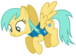 Size: 5000x3700 | Tagged: safe, artist:mundschenk85, sunshower raindrops, pegasus, pony, g4, background pony, clothes, female, flying, looking down, mare, show accurate, simple background, smiling, solo, spread wings, transparent background, vector, weather team, wings, winter wrap up vest