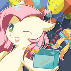 Size: 500x500 | Tagged: safe, artist:crescentmary, fluttershy, pegasus, pony, g4, cute, female, mare, one eye closed, present, shyabetes, solo, wink