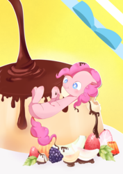 Size: 2480x3507 | Tagged: safe, artist:crescentmary, pinkie pie, earth pony, pony, g4, chocolate, female, food, fruit, grape, herbivore, high res, mare, solo, strawberry