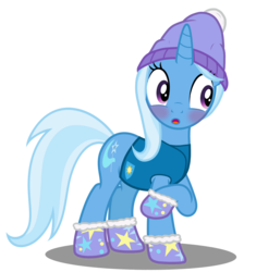 Size: 3200x3400 | Tagged: safe, artist:mundschenk85, trixie, pony, unicorn, g4, blushing, clothes, cute, diatrixes, female, hat, high res, mare, open mouth, raised hoof, shoes, show accurate, simple background, solo, transparent background, weather team, winter wrap up vest