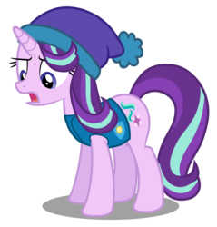 Size: 2100x2200 | Tagged: safe, artist:mundschenk85, artist:parclytaxel, starlight glimmer, pony, g4, clothes, female, hat, high res, mare, open mouth, show accurate, simple background, solo, transparent background, vector, weather team, winter outfit, winter wrap up vest
