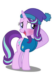 Size: 3500x5000 | Tagged: safe, artist:mundschenk85, artist:parclytaxel, starlight glimmer, pony, unicorn, g4, blushing, clothes, cute, female, glimmerbetes, hat, mare, open mouth, raised hoof, show accurate, simple background, solo, transparent background, vector, weather team, winter outfit, winter wrap up vest