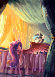 Size: 834x1180 | Tagged: safe, artist:plainoasis, princess cadance, shining armor, alicorn, pony, unicorn, g4, bed, biting, female, husband and wife, looking at each other, looking at someone, male, mare, one eye closed, painting, preening, ship:shiningcadance, shipping, smiling, stallion, straight, wing bite