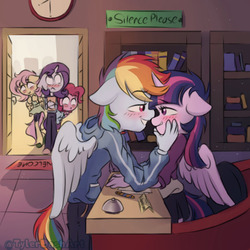 Size: 540x540 | Tagged: safe, artist:tylerdashart, fluttershy, pinkie pie, rainbow dash, rarity, twilight sparkle, alicorn, earth pony, pegasus, unicorn, anthro, g4, blushing, caught, clothes, eye contact, female, floppy ears, hoodie, lesbian, library, looking at each other, mare, ship:twidash, shipping, smiling, twilight sparkle (alicorn)