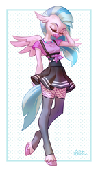 Size: 1179x2067 | Tagged: dead source, safe, artist:holivi, silverstream, classical hippogriff, hippogriff, anthro, unguligrade anthro, g4, clothes, eyes closed, female, fishnet stockings, front knot midriff, leg focus, legs, midriff, miniskirt, overalls, pleated skirt, skinny, skirt, socks, solo, stockings, suspenders, thigh highs, thin, unshorn fetlocks