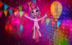Size: 1920x1200 | Tagged: safe, artist:barpy, pinkie pie, pony, g4, 3d, balloon, colorful, confetti, dancing, disco ball, female, happy, jumping, lights, mare, open mouth, party, rave, smiling, solo, source filmmaker