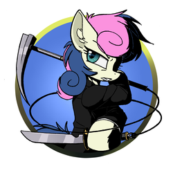 Size: 3000x3000 | Tagged: safe, artist:movieskywalker, derpibooru exclusive, bon bon, sweetie drops, pony, g4, badass, clothes, high res, knife, kusarigama, looking back, rope, shadow fight 2, sickle, suit
