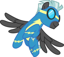 Size: 3356x3000 | Tagged: safe, artist:cloudy glow, thunderlane, pegasus, pony, g4, marks and recreation, .ai available, clothes, flying, goggles, high res, male, solo, spread wings, stallion, uniform, vector, wings, wonderbolts uniform