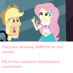 Size: 1016x1016 | Tagged: safe, edit, screencap, applejack, fluttershy, equestria girls, g4, my little pony equestria girls: better together, street chic, clothes, cold, geode of fauna, geode of super strength, geography, magical geodes, scarf, southern hemisphere, winter
