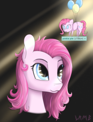 Size: 1928x2508 | Tagged: safe, artist:lamb, pinkie pie, earth pony, pony, derpibooru, g4, balloon, crepuscular rays, female, floating, mare, meta, solo, tags, then watch her balloons lift her up to the sky, tongue out