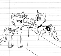 Size: 618x572 | Tagged: safe, artist:nightshadowmlp, princess celestia, princess luna, alicorn, pony, g4, ..., boop, crown, cute, dialogue, duo, female, jewelry, lined paper, mare, necklace, prone, regalia, sitting, traditional art, wall