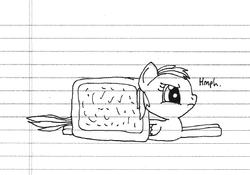 Size: 480x336 | Tagged: safe, artist:nightshadowmlp, rainbow dash, pegasus, pony, g4, cute, dialogue, female, food, lined paper, mare, nyan dash, poptart, stuck, text, traditional art