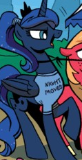 Size: 119x233 | Tagged: safe, idw, big macintosh, princess luna, alicorn, pony, g4, spoiler:comic, bob seger, bob seger & the silver bullet band, clothes, female, lasso, magic shirt, mare, night moves, open mouth, out of context, ponytail, raised hoof, reference, rope, shirt, solo focus, song reference, wings