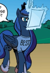 Size: 188x275 | Tagged: safe, idw, princess luna, alicorn, pony, g4, spoiler:comic, best pony, clothes, female, holding, luna's shirt, magic, magic shirt, mare, paper, shirt, solo, walking