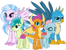 Size: 2048x1562 | Tagged: dead source, safe, artist:php77, editor:php77, gallus, ocellus, sandbar, silverstream, smolder, yona, changedling, changeling, classical hippogriff, earth pony, griffon, hippogriff, pony, g4, female, male, student six