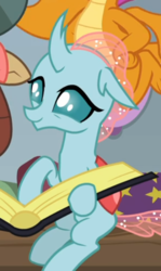 Size: 388x651 | Tagged: safe, screencap, ocellus, changedling, changeling, g4, school daze, book, cropped, female, offscreen character, sitting, smiling, solo, solo focus