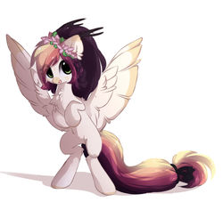 Size: 1024x930 | Tagged: safe, artist:php146, oc, oc only, oc:ayaka, pegasus, pony, alternate design, eye clipping through hair, female, floral head wreath, flower, mare, ponified, simple background, solo, species swap, white background