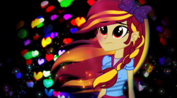 Size: 1980x1104 | Tagged: safe, artist:galacticflashd, oc, oc only, oc:styler selvano, equestria girls, g4, abstract background, bow, braid, clothes, cute, female, hair bow, ocbetes, sad, sadorable, solo