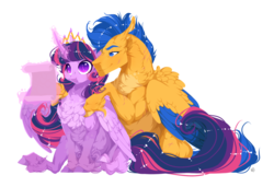Size: 1457x994 | Tagged: safe, artist:makkah, flash sentry, twilight sparkle, alicorn, pegasus, pony, g4, chest fluff, crown, female, glowing horn, horn, jewelry, magic, male, mare, reading, regalia, scar, scroll, ship:flashlight, shipping, simple background, stallion, straight, telekinesis, twilight sparkle (alicorn), unshorn fetlocks, white background