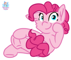 Size: 1462x1248 | Tagged: safe, artist:rainbow eevee, part of a set, pinkie pie, earth pony, pony, g4, cheek fluff, crossed legs, cute, female, frog (hoof), hoof on face, looking at you, mare, one ear down, signature, simple background, sitting, smiling, solo, transparent background, underhoof