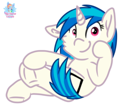 Size: 1462x1248 | Tagged: safe, artist:rainbow eevee, part of a set, dj pon-3, vinyl scratch, pony, g4, cheek fluff, crossed legs, cute, female, frog (hoof), hoof on face, looking at you, mare, one ear down, signature, simple background, sitting, smiling, solo, transparent background, underhoof