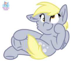 Size: 1462x1248 | Tagged: safe, artist:rainbow eevee, part of a set, derpy hooves, pegasus, pony, g4, cheek fluff, crossed legs, cute, cutie mark, derp, female, frog (hoof), hoof on face, mare, one ear down, signature, simple background, sitting, smiling, solo, transparent background, underhoof