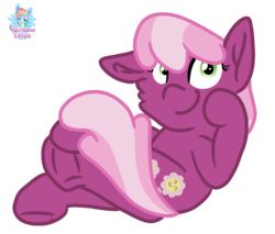 Size: 1462x1248 | Tagged: safe, artist:rainbow eevee, part of a set, cheerilee, earth pony, pony, g4, cheek fluff, cheeribetes, crossed legs, cute, cutie mark, female, frog (hoof), hoof on face, looking at you, mare, one ear down, signature, simple background, sitting, smiling, solo, transparent background, underhoof
