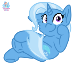 Size: 1462x1248 | Tagged: safe, artist:rainbow eevee, part of a set, trixie, pony, g4, cheek fluff, crossed legs, cute, cutie mark, female, frog (hoof), hoof on face, looking at you, mare, one ear down, signature, simple background, sitting, smiling, solo, transparent background, underhoof