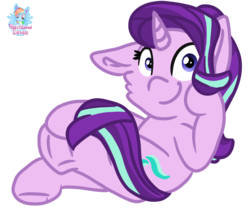 Size: 1462x1248 | Tagged: safe, artist:rainbow eevee, part of a set, starlight glimmer, pony, g4, cheek fluff, crossed legs, cute, cutie mark, female, frog (hoof), hoof on face, looking at you, mare, one ear down, signature, simple background, sitting, smiling, solo, transparent background, underhoof