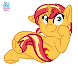 Size: 1462x1248 | Tagged: safe, artist:rainbow eevee, part of a set, sunset shimmer, pony, unicorn, g4, cheek fluff, crossed legs, cute, cutie mark, female, frog (hoof), hoof on face, looking at you, mare, one ear down, signature, simple background, sitting, smiling, solo, transparent background, underhoof