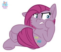 Size: 1462x1248 | Tagged: safe, artist:rainbow eevee, part of a set, pinkie pie, earth pony, pony, g4, angry, cheek fluff, crossed legs, cutie, cutie mark, female, frog (hoof), hoof on face, looking sideways, mare, one ear down, pinkamena diane pie, signature, simple background, sitting, solo, transparent background, underhoof