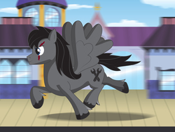 Size: 3600x2700 | Tagged: safe, artist:miipack603, oc, ash, blurry background, building, canterlot, cel shading, cloud, complex background, cutie mark, day, determined, eye scar, high res, hooves, motion blur, running, scar, shadow, simple shading, station, taking off, terry the human, tolting, unshorn fetlocks, window, wings, wrench