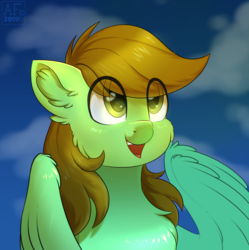 Size: 2885x2901 | Tagged: safe, artist:airfly-pony, derpibooru exclusive, oc, oc only, oc:lizzing, pegasus, pony, rcf community, cheek fluff, chest fluff, cloud, cute, ear fluff, eye clipping through hair, female, high res, looking up, sky, smiling, solo, teeth, tongue out