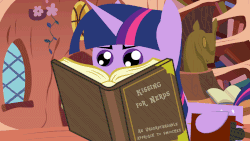 Size: 1280x720 | Tagged: safe, artist:dsiak, twilight sparkle, oc, alicorn, pony, unicorn, g4, animated, backwards cutie mark, blush sticker, blushing, book, canon x oc, canterlot library, clipboard, female, floating heart, gif, golden oaks library, heart, kissing, library, male, mare, nerd, pointy ponies, quill, stallion, straight, teleportation, twilight sparkle (alicorn)