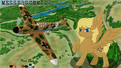 Size: 1920x1080 | Tagged: safe, artist:fuzzyhead12, oc, oc:messerschmidt, pegasus, pony, bf 109, bf 109 g2, bf109, bf109g2, colored, female, luftwaffe, luftwaffle, mare, reference sheet, spread wings, stance, standing, wallpaper, wings